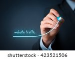 Website traffic improvement concept. Businessman draw increasing graph with text website traffic.