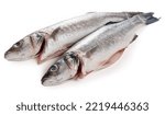 Small photo of Sea bass fish. Two peeled raw sea bass on a white background
