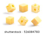 Set of holey, plain, steady and tippy cheese cubes. Clipping path for each cube, shadows separated