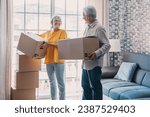 Small photo of Mature couple moving into new apartment, carrying cardboard boxes into empty room with potted plants. Real estate property buying, relocation, new home concept. Rear view