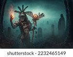 Small photo of Shot of screaming dark sorcerer dressed in aboriginal attire in foggy cemetery.