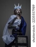 Small photo of Shot of warlike ice queen with sword and shield dressed in cloak and crown.