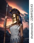 Small photo of Artwork of warlike woman dressed in tunic and helmet holding spear against sky.