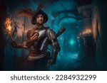 Small photo of Portrait of ancient conquistador holding burning torch in dark dungeon.