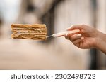 Selective focus on slice of delicious traditional sweet honey cake on a metal cake spatula in female hand