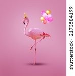 Small photo of Happy pink flamingo in birthday cap with party helium balloons - concept mixed media composition image.