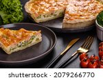 Delicious fresh quiche with broccoli, salmon and cheese. Vegetarian pie with fish and vegetables