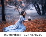 Small photo of attractive brunette girl sits in a dark forest on fallen autumn orazhevyh leaves, dressed in a gray vintage dress with bare shoulders, holding in her hands an open Pandora's box full of evil, misery