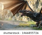 Huge aggressive mystical dragon in move. Creature with big strong wings and powerful paws. He opens terrible mouth with sharp teeth. background to create fabulous collage