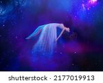 Small photo of portrait fantasy woman sleeping beauty soars floats in dream, night starry dark sky. Girl flies in space art photo levitation white dress flutters. Galaxies astrology numerology zodiac sign concept.