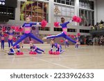 Small photo of Kamianske, Ukraine - February 16, 2020: Cup of Dnipropetrovsk region from cheerleading among solo, duets and teams, young cheerleaders perform at the city cheerleading championship