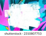 Closeup of colorful teal, pink, blue urban wall texture with white white paint stroke. Modern pattern for design. Creative urban city background. Grunge messy street style background with copy space
