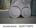 Small photo of New York, NY, USA - Oct 23, 2020: The giant wheels that are used to reconfigure The Shed playhouse venue as an on-demand location for performing arts.