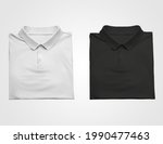 Mockup of white, black T-shirt, beautifully folded, blank polo for presentation of design, print, pattern. Men's clothing template with collar,buttons, front view, isolated on background.Set of clothe