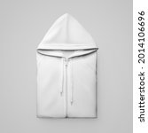 Small photo of Mockup of white folded sweatshirt with zipper closure, drawstrings on beautifully laid out hood, isolated on background. Fashion hoodie template for design presentation, print,online store advertising