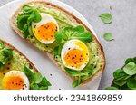 Avocado Egg Toast, Eggs on Toasted Bread with Avocado, Healthy Snack or Breakfast on Bright Background