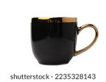 Small photo of empty black cup, bowl, teacup, mag, isolated on white background, vintage black cup with gold rim and handle