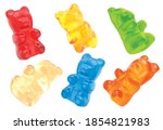 Jelly gummy bears candy. Fruit gum candies isolated on white background. Red, orange, yellow blue and green. 3D rendering