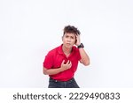 Small photo of A scared man panicking, overwhelmed with dread and unsure of what to do. Unnerved and agitated, full of hysteria. Isolated on a white background.
