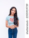 Small photo of A young asian trans woman making a wholehearted plea for help. An NGO worker making a solicitation. Isolated on a white background.