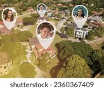 Small photo of Pins revealing exact location of select people at a residential suburb. Real-time online location and GPS consented tracking app concept.