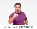 Small photo of A rude and unfriendly man making grave threats while pointing forward with his finger. Isolated on a white background.