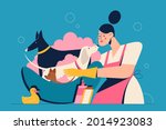 woman specialist washes dogs of ... | Shutterstock .eps vector #2014923083