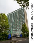 Small photo of 09/29/2020 Portsmouth, Hampshire, UK The entrance to Horatia House in Portsmouth a now empty tower block