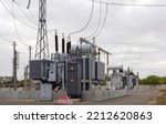 Small photo of High voltage transformer substation. Electrical installation designed to receive, convert and distribute electrical energy