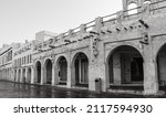 Traditional Arabian building built with wood and mud decorated with a facade in the traditional Arabic style at Souq Waqif (traditional market)of Doha, Qatar.