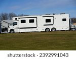 Small photo of Fond du Lac, Wisconsin USA - November 12th, 2023: Renegade Valencia 38RB super c RV sitting outside to be sold.