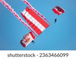 Small photo of Zeltweg, Austria - September 3, 2022: Paratrooper flying in the sky. Extreme sport and Xgames. Jumping with Austrian flag.