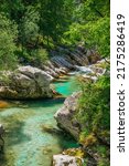 Small photo of Velika korita Soce in the The Great Soca Gorge, Beautiful gorge with emerald coloured water flowing between the uniquely formed rocks, Triglav National Park, Julian Alps, Slovenia, Europe