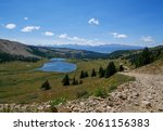 Beautiful mountainous view, lakes and hiking trail above Leadville, Colorado, looking toward Mount Massive in the Rocky Mountains. 