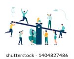 Vector illustration of groups of people on a swing and outweighs them, the concept of overweight, cost, power and comparison