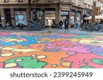 Small photo of Zagreb, Croatia 10-10-2023 Mural of colourful cats at a intersection of a pedestrian zone in Masarykova street in downtown Zagreb created by Slaven Kosanovic Lunar, Ivo Kosanovic Smack, Filip and Luka