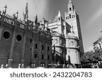 Small photo of Black and white image with a long exposure of the iconic La Giralda tower of the basilica in the centre of Seville.