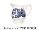 Vintage Jug. Old Antique Blue and White Willow Pattern Jug. Rustic Kitchenware Tableware Ceramic Milk Jug. Pastoral Country Style Blue and White Pot Pitcher for Cream. Pen Tooled Clipping Path in JPEG