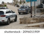 Small photo of 12 December 2021. Caesarea Israel. Israeli police car with text and logo close-up.