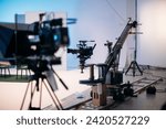 Small photo of Film set, monitors and modern shooting equipment. Film crew, lighting devices, monitors, playbacks - filming equipment and a team of specialists in filming movies, advertising and TV series