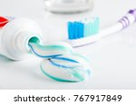 toothbrush  tube of toothpaste... | Shutterstock . vector #767917849