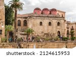 Small photo of Palermo, Sicily, Italy - October 7, 2017: Tourists resting near the San Cataldo church on the Bellini square in the center of Palermo.