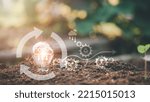 Small photo of light bulb in the soil, nature background, environmental protection technology concept Protect and preserve resources, renewable energy, reduce CO2 emissions to avoid worsening climate change.