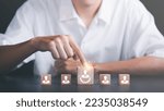 Small photo of HRM or Human Resource Management ,Strategic planning for success through people business development concept by choosing professional leaders employee competency Teamwork, man pointing at wooden block