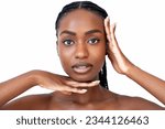 Face building. Facial gymnastic. Self massage. Skin lifting.  Skincare procedure. Beauty portrait of African American young woman with braids hairstyle is showing face symmetry gesture