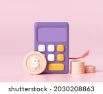 Financial icon concept. money management, financial planning, calculating financial risk, calculator with coins stack and graph on pink background. 3d render illustration