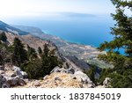 Panoramic view over Kefalonia island from the mountain top Mount Ainos