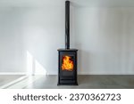 Small photo of Fireplace inside house modern living room. Cosy living room with wood burner stove with burning flame behind a glass door