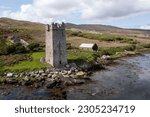 Aerial view of Grace O'Malley's Towerhouse, Kildavnet Tower. Achill island.