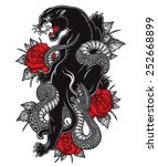panther snake roses tattoo... | Shutterstock .eps vector #252668899